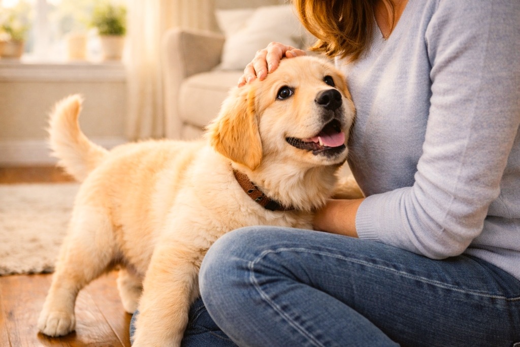 The owner loves the dog during dog obedience training.