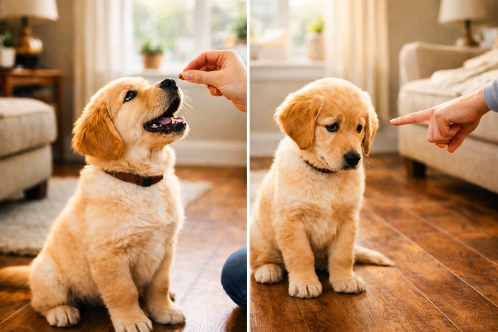 A dog is undergoing mild punishment while also receiving positive reinforcement in dog obedience.