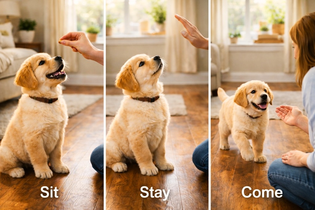 Dogs are learning basic commands from their owners.