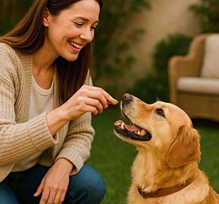 Owner showing positive reinforcement and consistency with rewards during dog training.