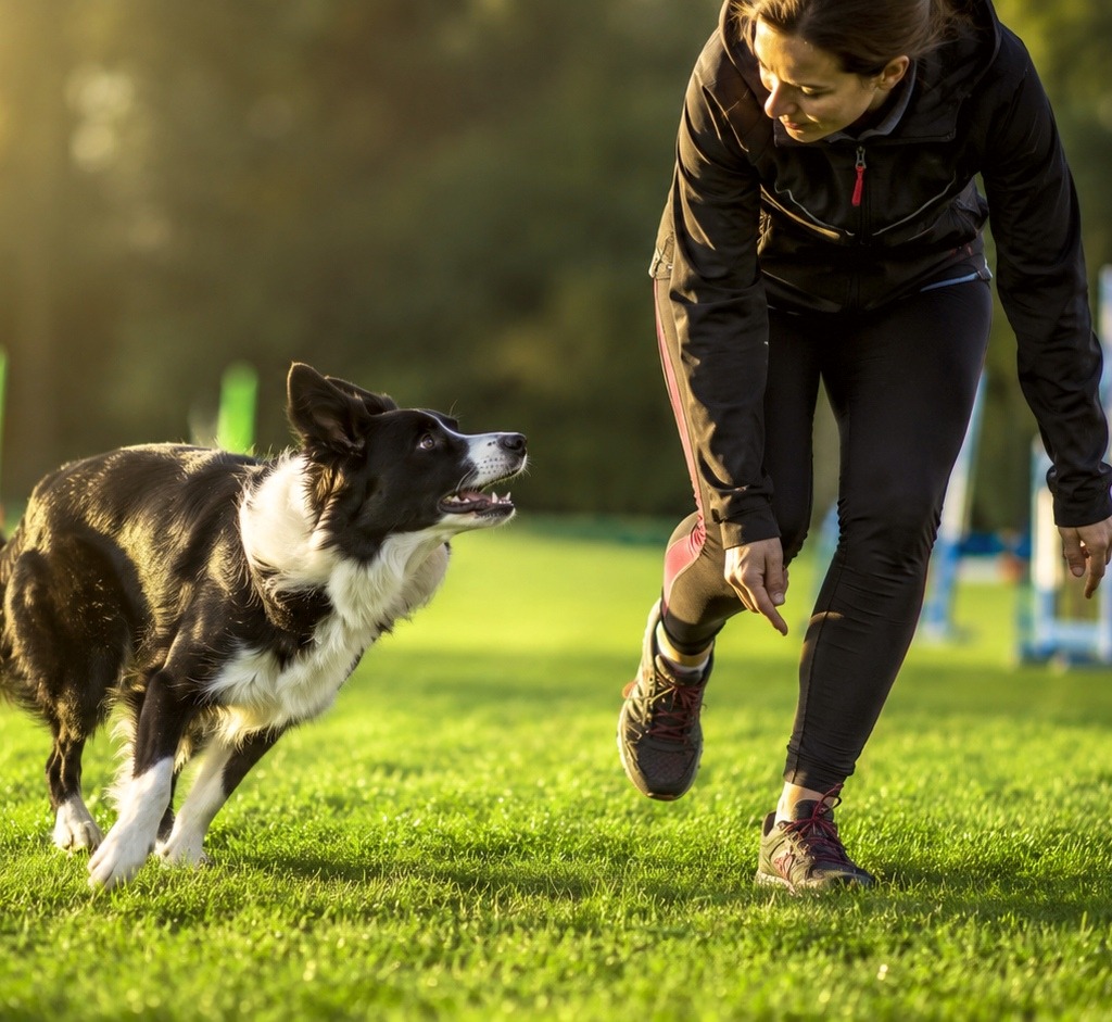 The owner guides the dog for playing during Dog Sports.