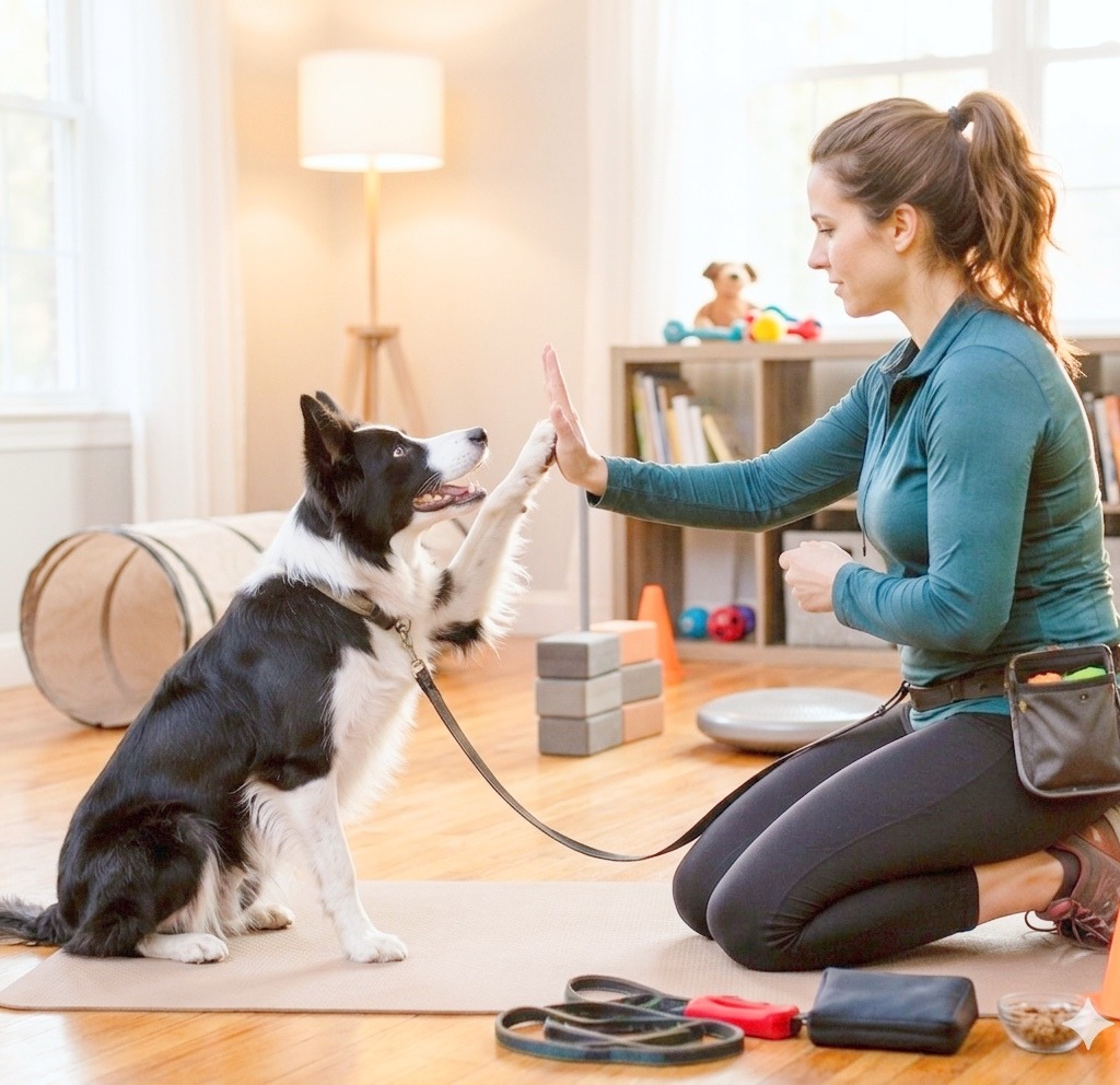 The owner playing with the dog with small tools.