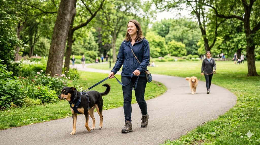 Owner managing Dog Aggression in a Public Park by walk.