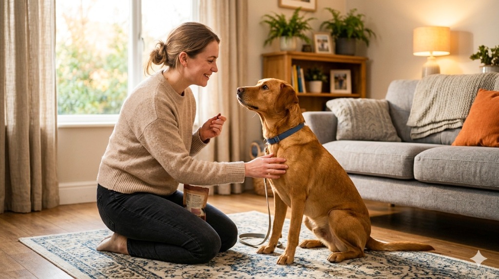 Owner calmly understand the Dog during Dog Aggression training.
