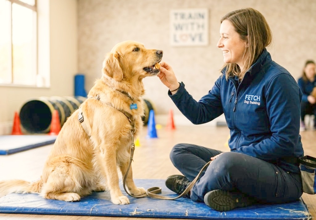 The owner giving treats to dog.