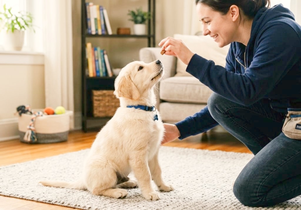 The owner giving treat to the small puppy as a reward.