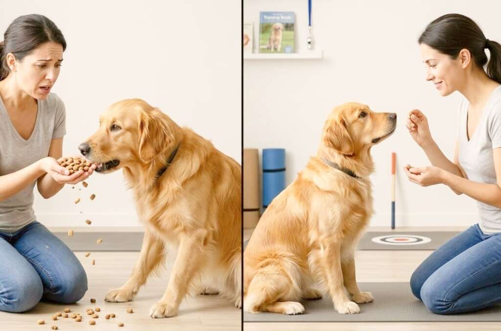 In one side owner using wrong method of giving treat while on the other side owner using write method.