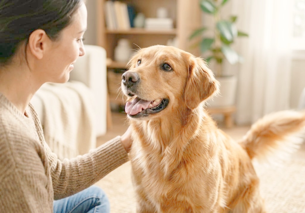 The owner nicely talk with Dog during training
