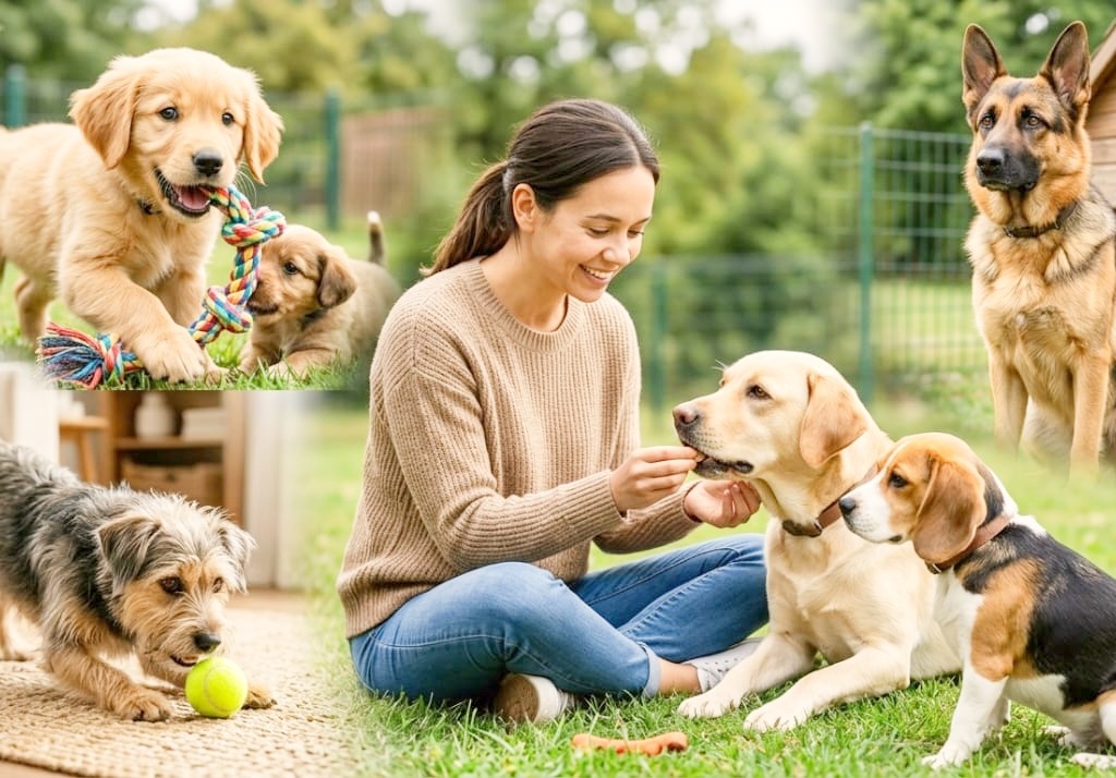 The owner give treats to the dog during dog behaviour training.