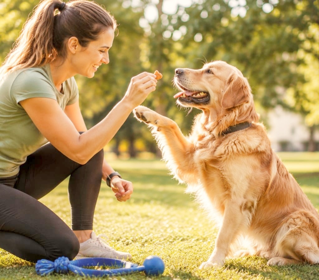 The owner acts nicely and gives reward to the dog.