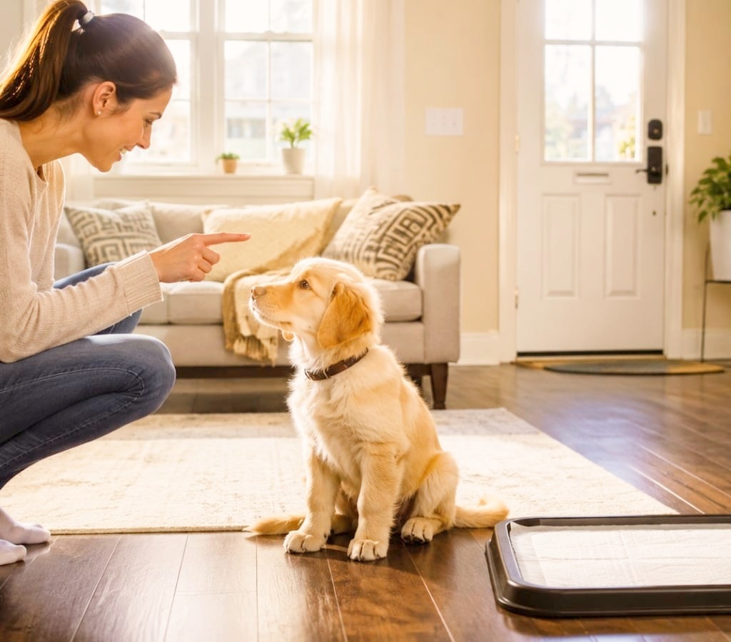 The owner teach the dog during Potty Training.