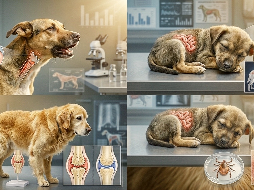 It shows common Dog Disease such as throat anatomy illustration and digestive system issues.