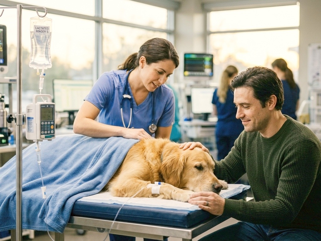 The veterinary doctor gives IV to the sick dog.