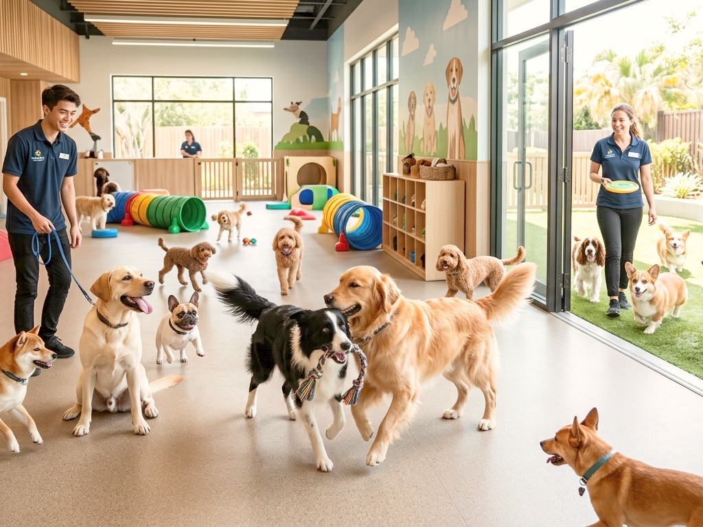 In Dog Daycare dogs enjoy with each other.