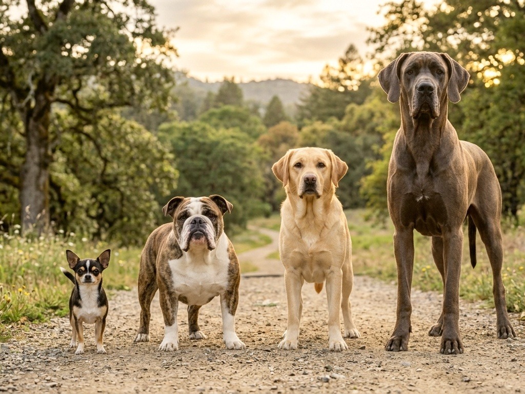 The Dog Breeds of different sizes.