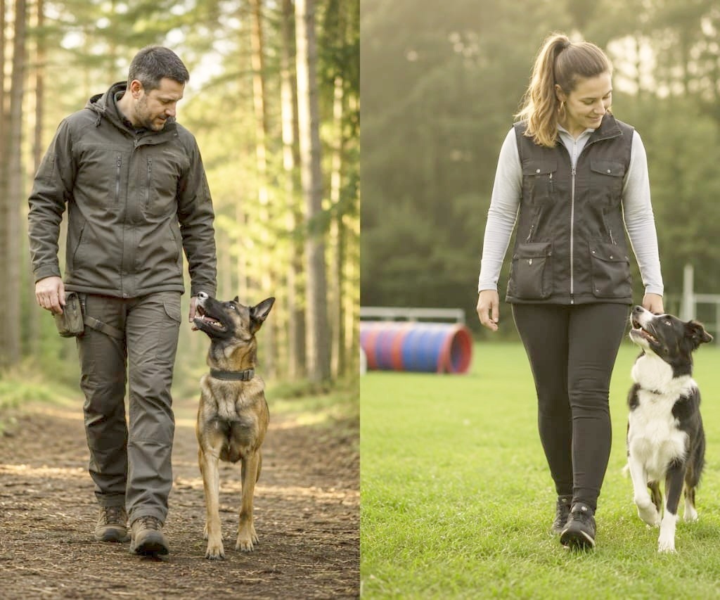Dogs nicely behave with owners during walking.