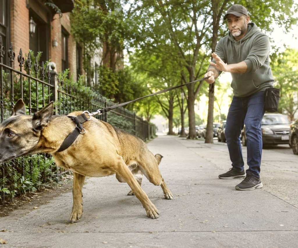 The dog is aggressive during walking.