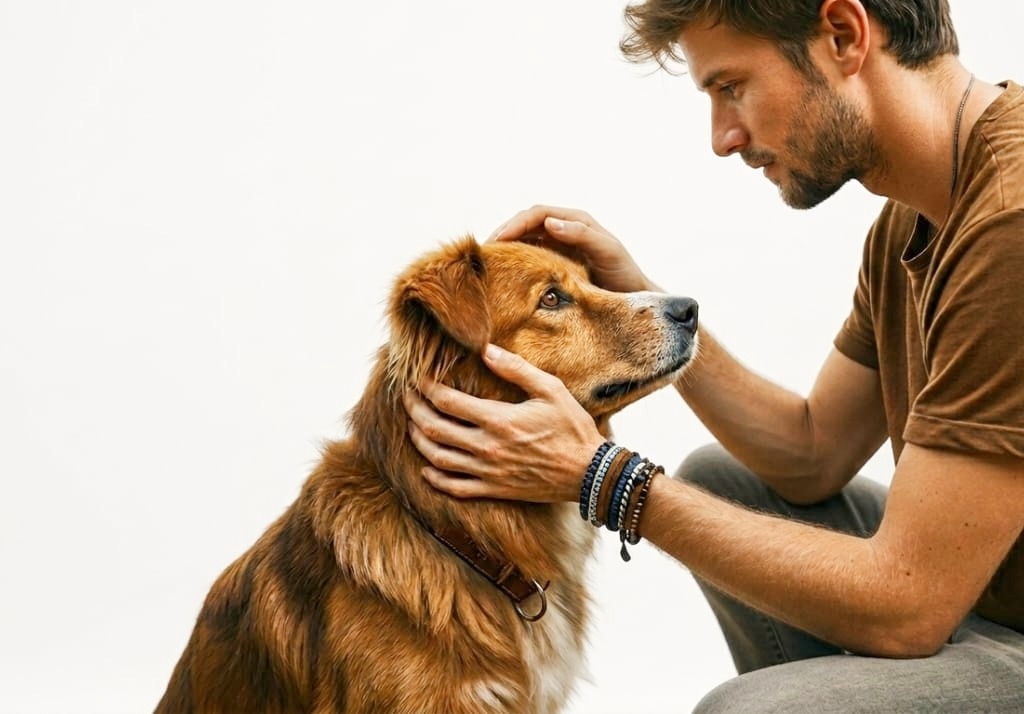 The owner softly touches the dog and feel relax to it for the successful results.