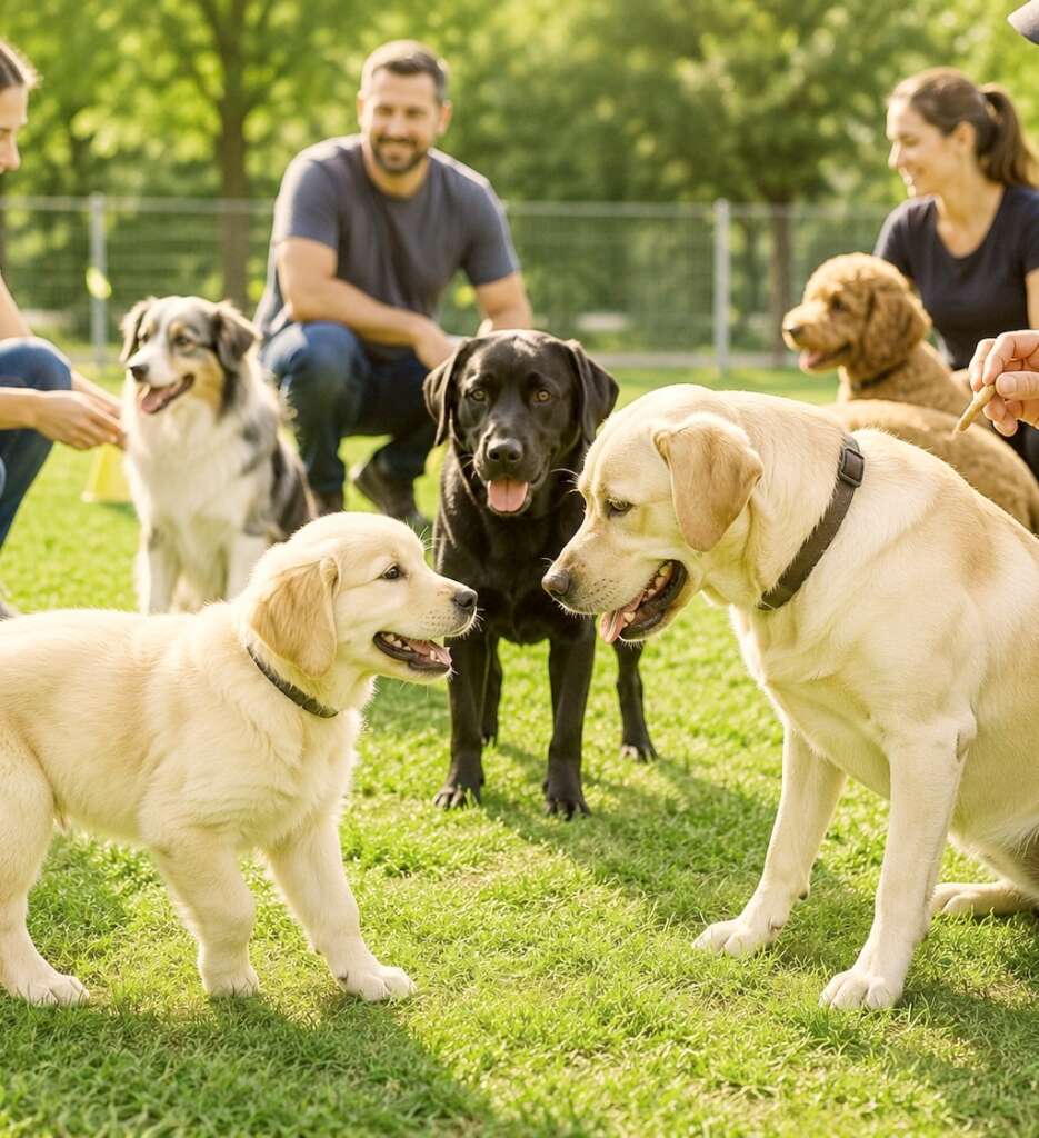 Owners use techniques for dog socialization.