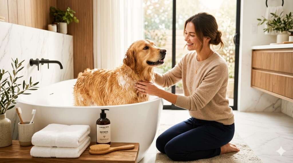 Owner bathing the dog for its grooming.