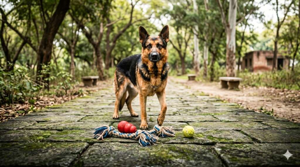 Dog play with different toys