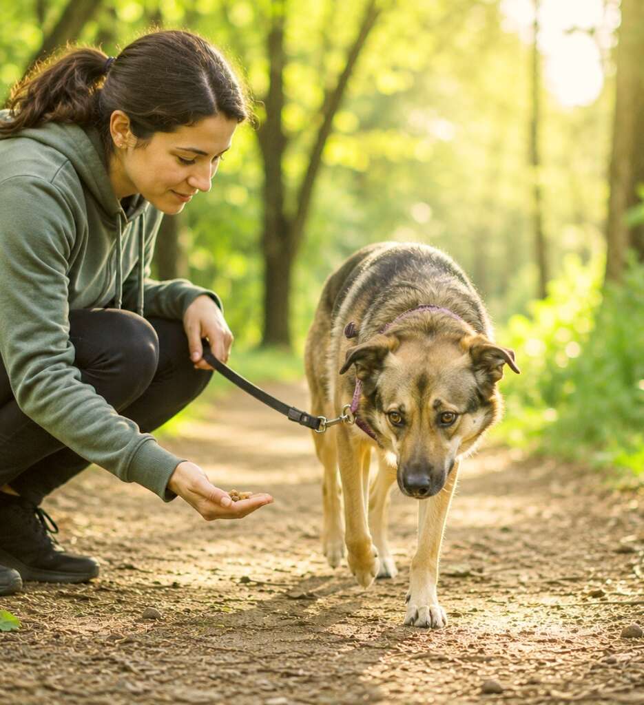 Owner nicely treat the nervous dog.