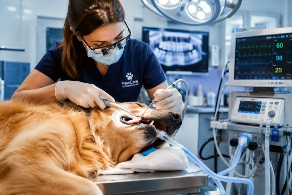 Dentist checking the dog teeth.