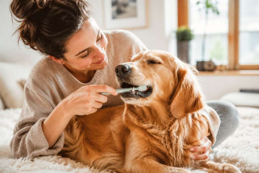 Owner is brushing the dog teeth.