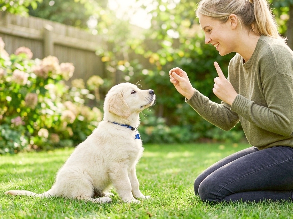The owner teaches the commands to puppy.
