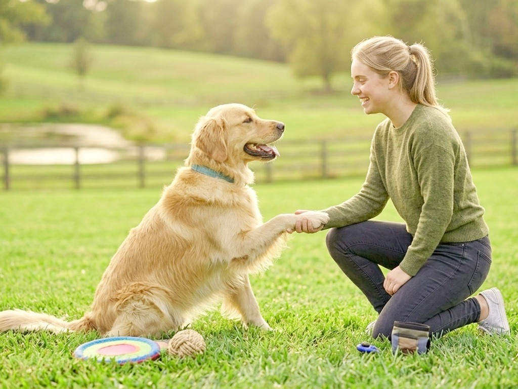 The dog shake the hand to the owner.