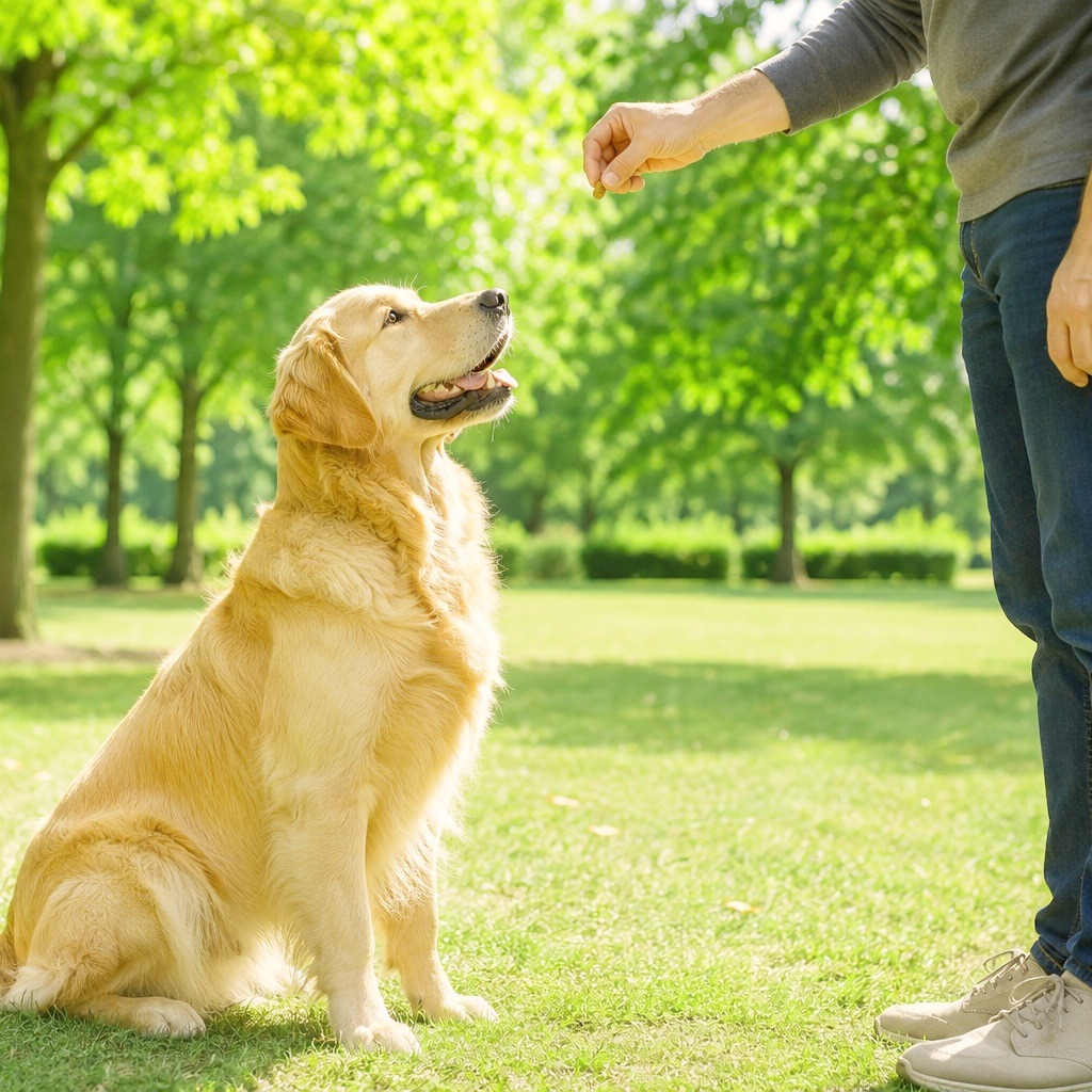 The owner teach the sit command to dog.