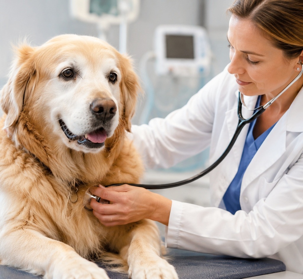 The vet check the senior dog.