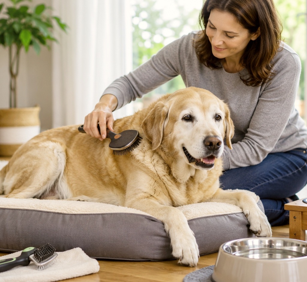 The owner care the senior dog by brushing.