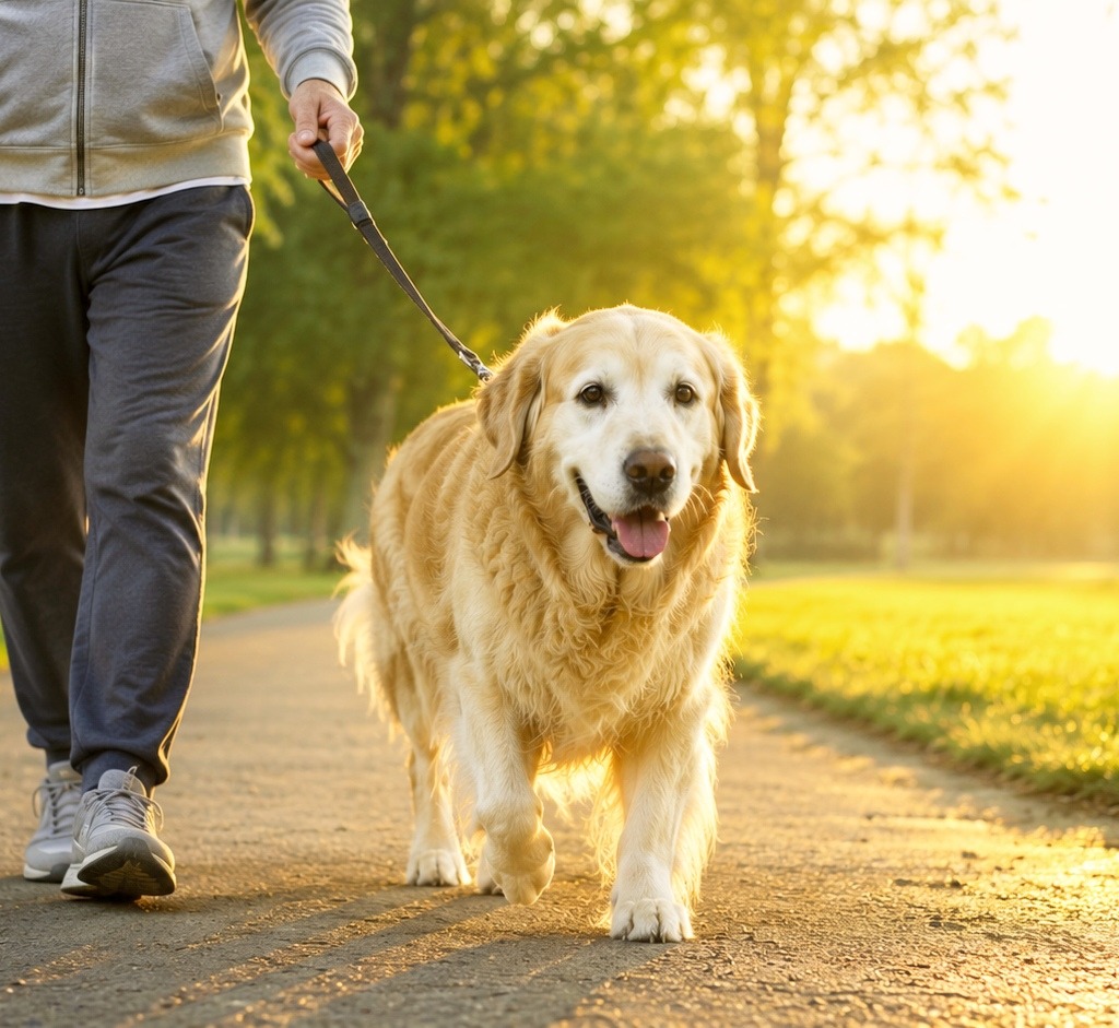 Dog walks with the owner.
