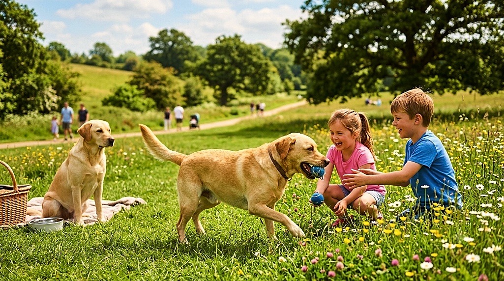 Lab plays with child.
