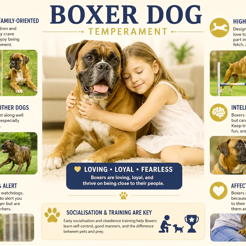 Child feel friendly with boxer dog.