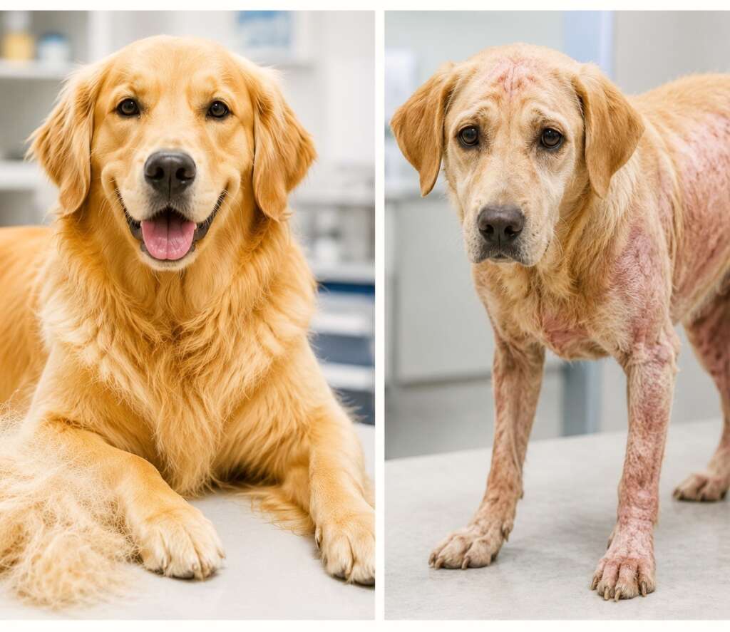 Dog hair shedding vs. hair loss in a healthy dog and a dog with alopecia.