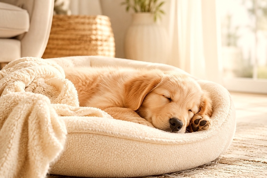 Puppy is sleeping in a blanket.