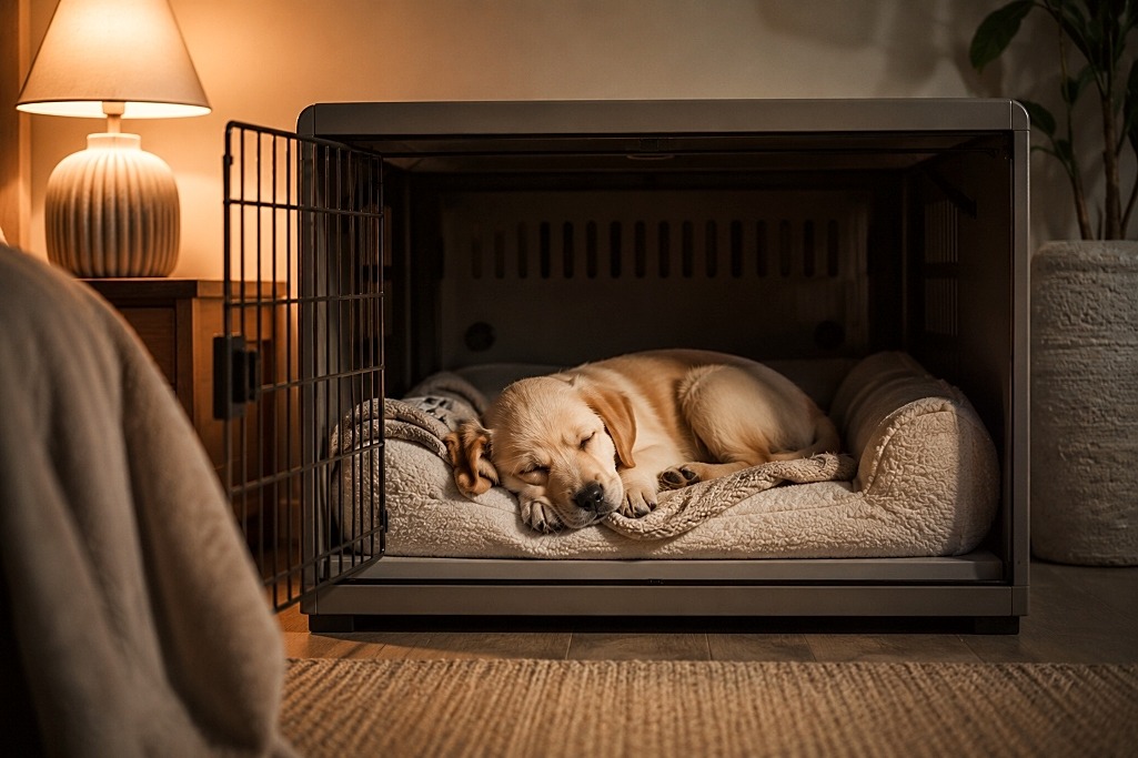 Puppy is sleeping in a whole night.