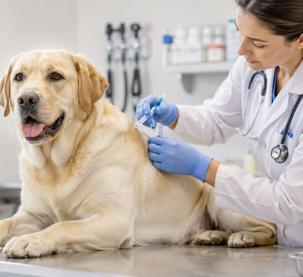Vet vaccinate the adult dog.