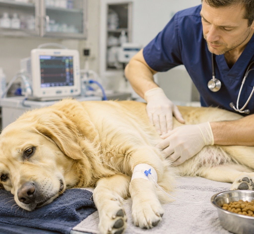 Doctor treat the dog to prevent from vomiting.