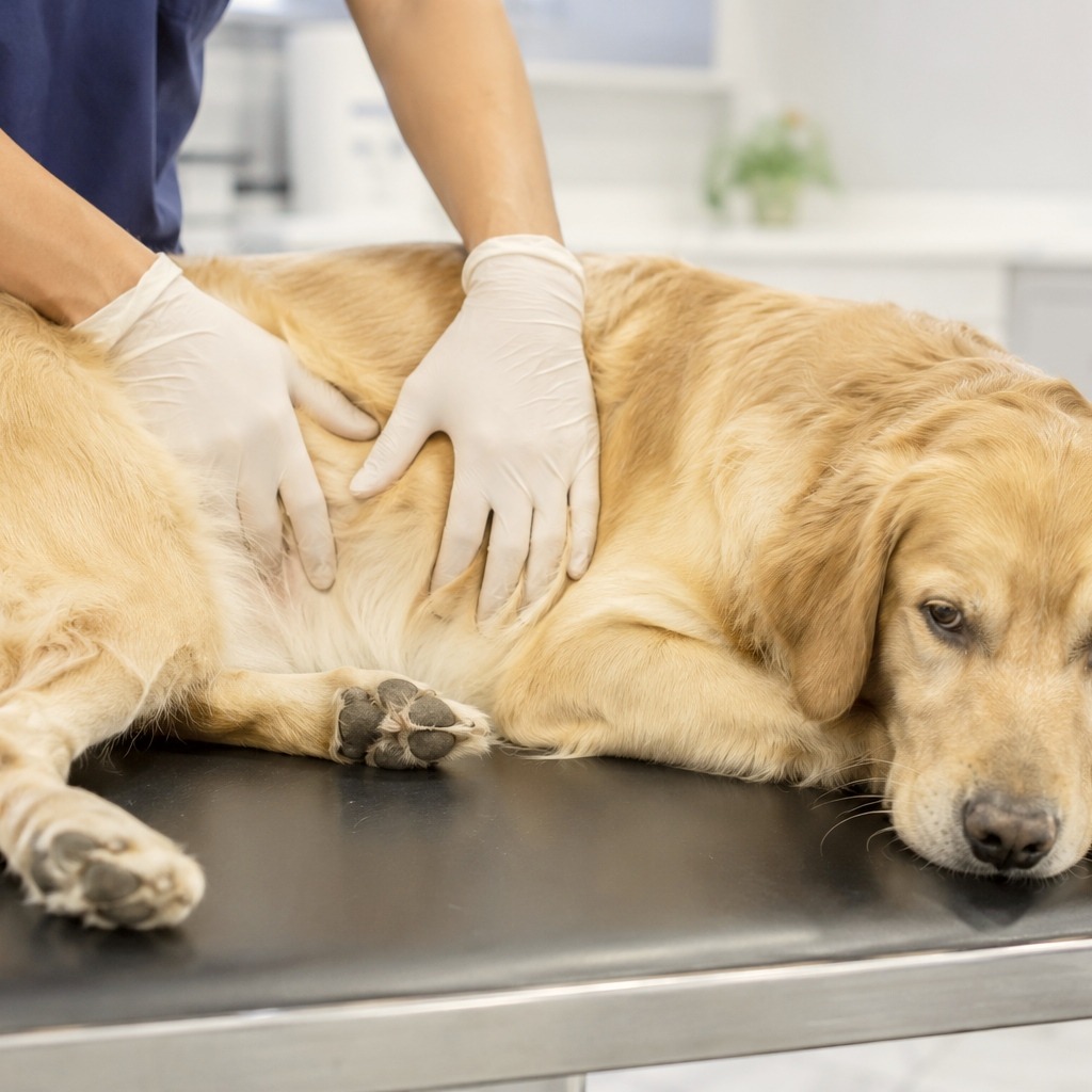 Veterinarian examining a dog with constipation and discussing treatment options.