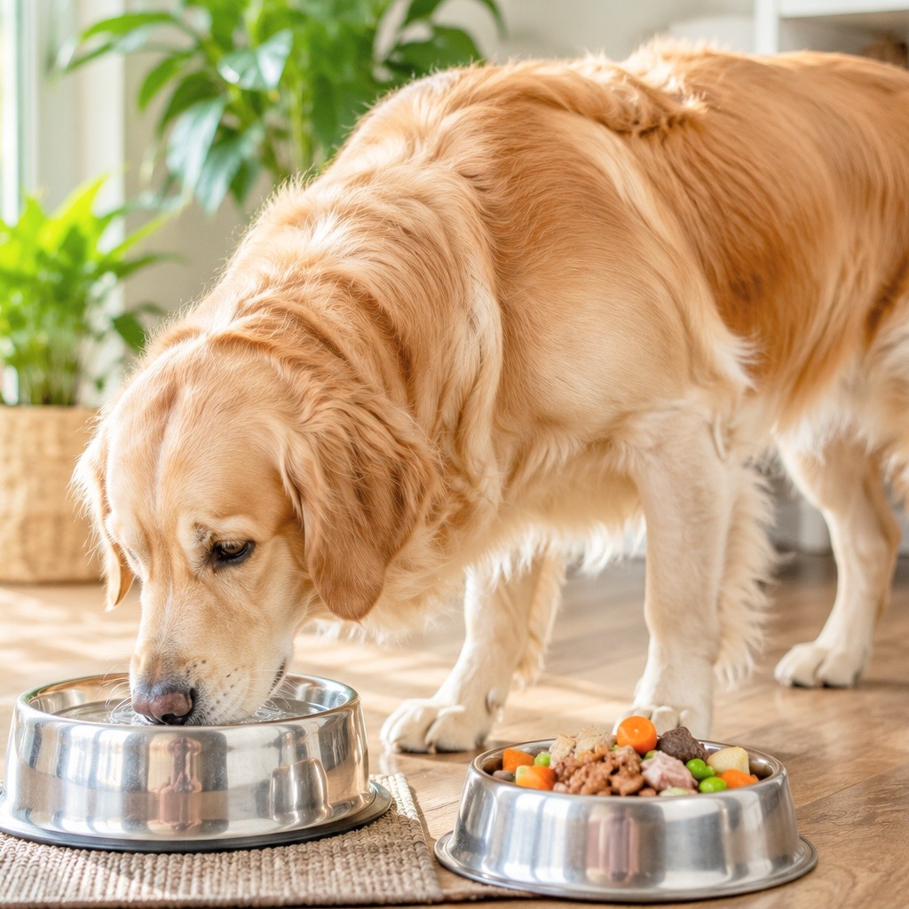 Dog constipation prevention with fresh water, balanced diet, and healthy bowel function.